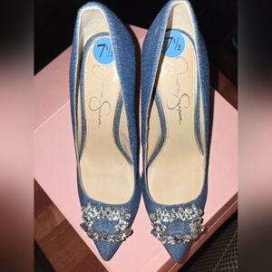 New Jessica Simpson Blue Denim Crystal Embellished Pointed Toe Heels